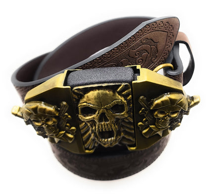 Gold Skull Fangs Grinning Skulls Lighter Belt - Lighter Belt Buckle & Mohagany Embossed Ornate Carved Belt