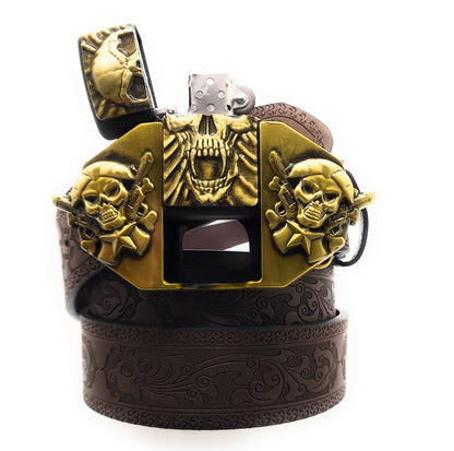 Gold Skull Fangs Grinning Skulls Lighter Belt - Lighter Belt Buckle & Mohagany Embossed Ornate Carved Belt