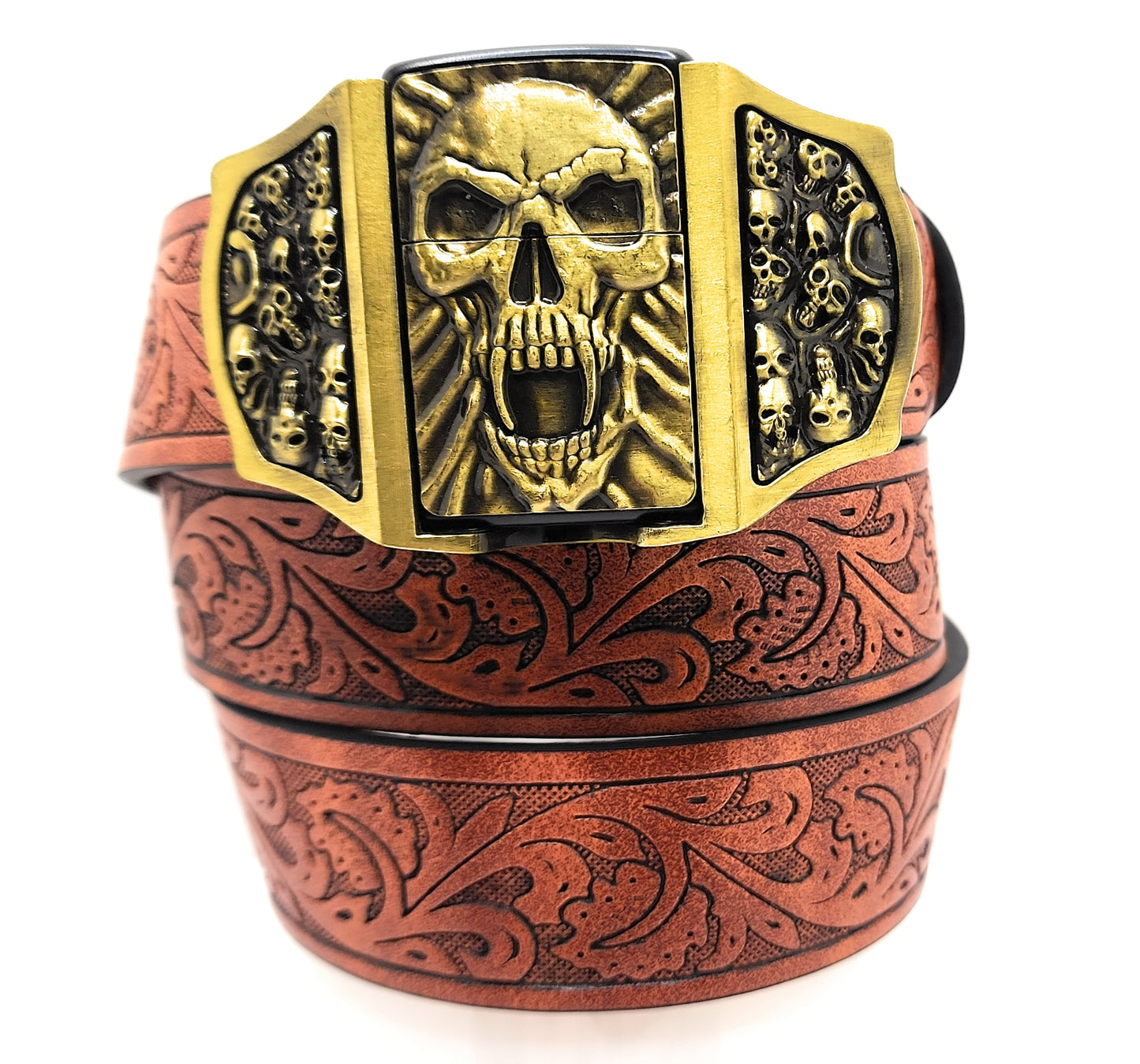 Gold Skull Fangs Skullpiles Lighter Belt -Lighter Belt Buckle & Mohagany Embossed Ornate Carved Belt