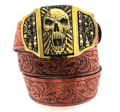 Gold Skull Fangs Skullpiles Lighter Belt -Lighter Belt Buckle & Mohagany Embossed Ornate Carved Belt