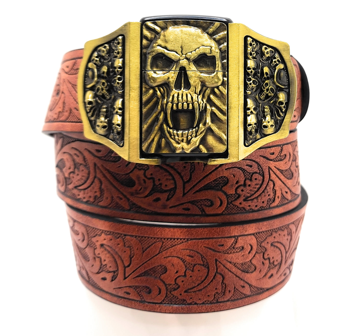 Gold Skull Fangs Skullpiles Lighter Belt -Lighter Belt Buckle & Mohagany Embossed Ornate Carved Belt
