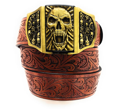 Gold Skull Fangs Skullpiles Lighter Belt -Lighter Belt Buckle & Mohagany Embossed Ornate Carved Belt