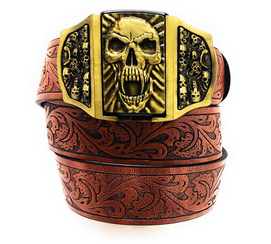 Gold Skull Fangs Skullpiles Lighter Belt -Lighter Belt Buckle & Mohagany Embossed Ornate Carved Belt