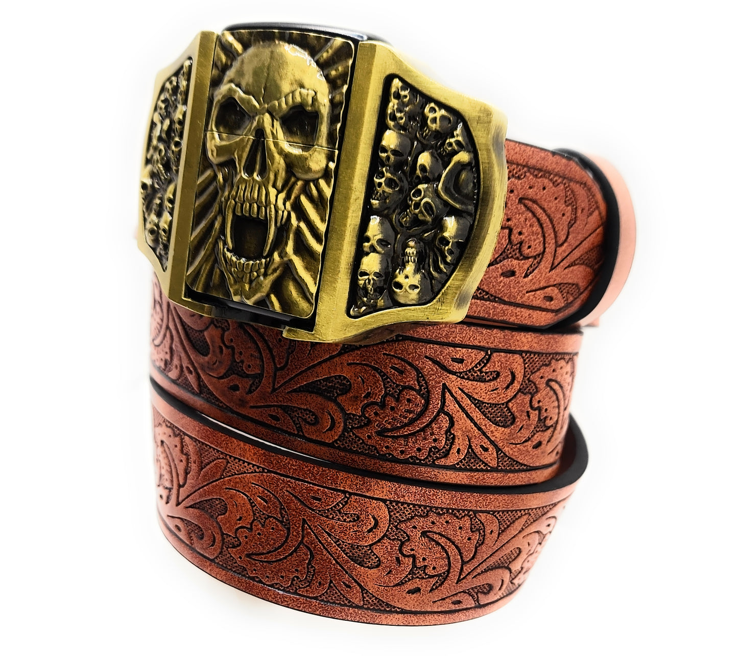 Gold Skull Fangs Skullpiles Lighter Belt -Lighter Belt Buckle & Mohagany Embossed Ornate Carved Belt