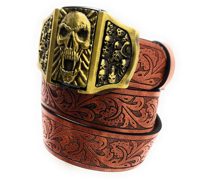 Gold Skull Fangs Skullpiles Lighter Belt -Lighter Belt Buckle & Mohagany Embossed Ornate Carved Belt