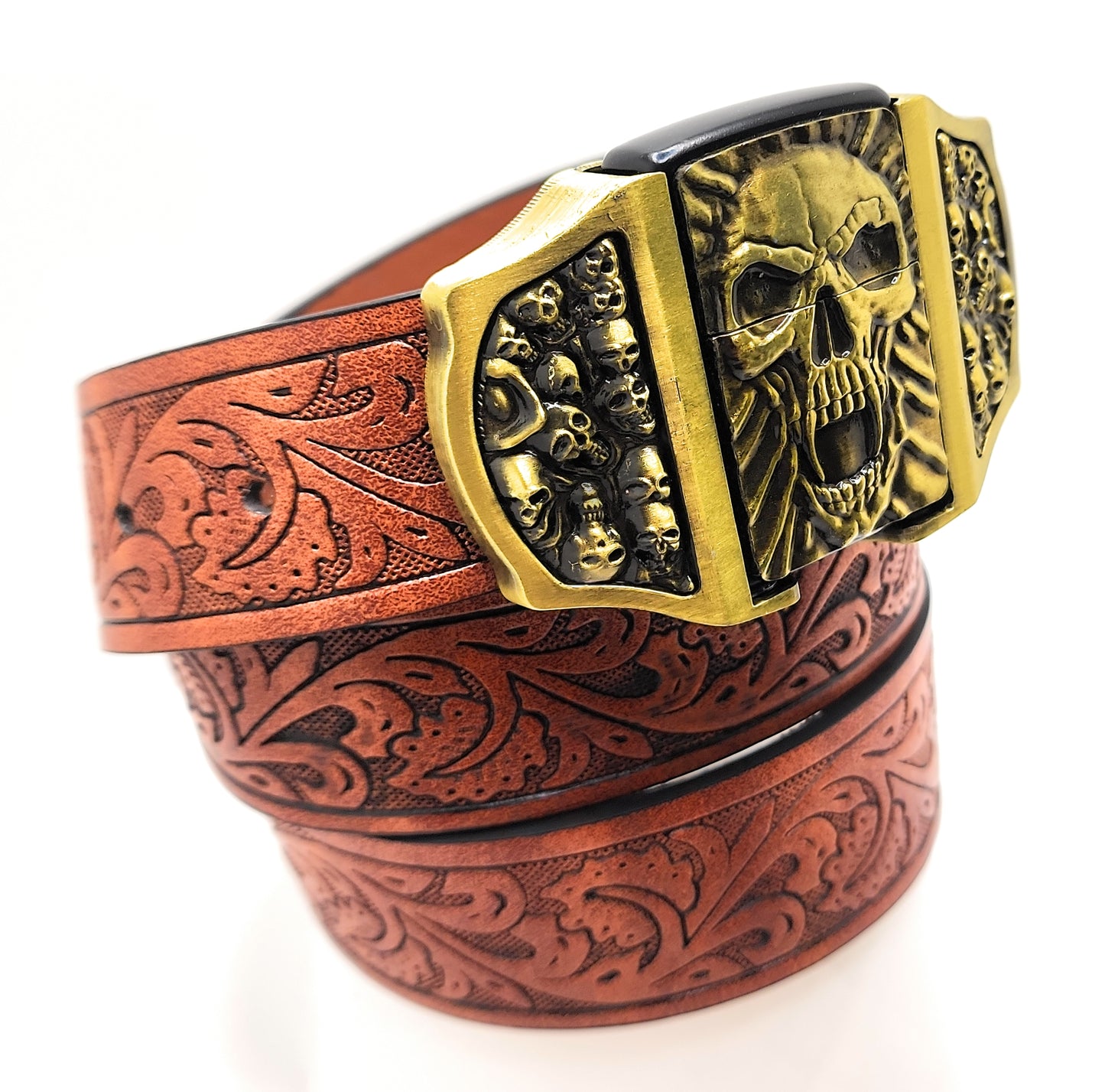 Gold Skull Fangs Skullpiles Lighter Belt -Lighter Belt Buckle & Mohagany Embossed Ornate Carved Belt