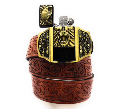 Gold Skull Fangs Skullpiles Lighter Belt -Lighter Belt Buckle & Mohagany Embossed Ornate Carved Belt