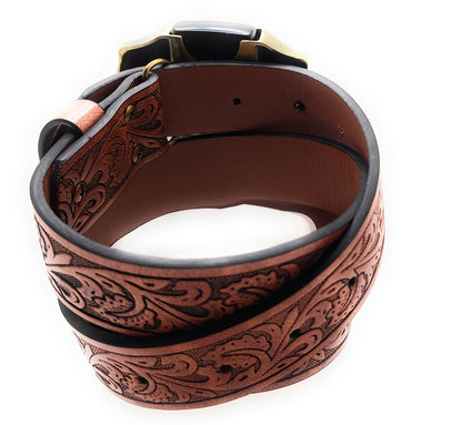 Gold Skull Fangs Skullpiles Lighter Belt -Lighter Belt Buckle & Mohagany Embossed Ornate Carved Belt