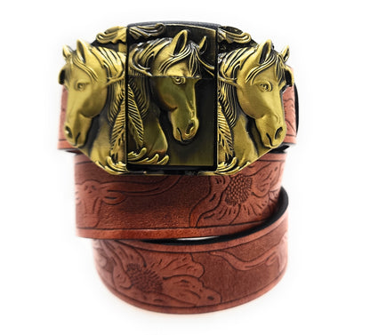 Gold Triple Horses Lighter Belt Buckle and Mahogany Embossed Belt - Refillable Metal Lighter, Western Longhorn & Floral Pattern, Trim-to-Fit up to 46 in, Chicago Screws, 1.5" Width