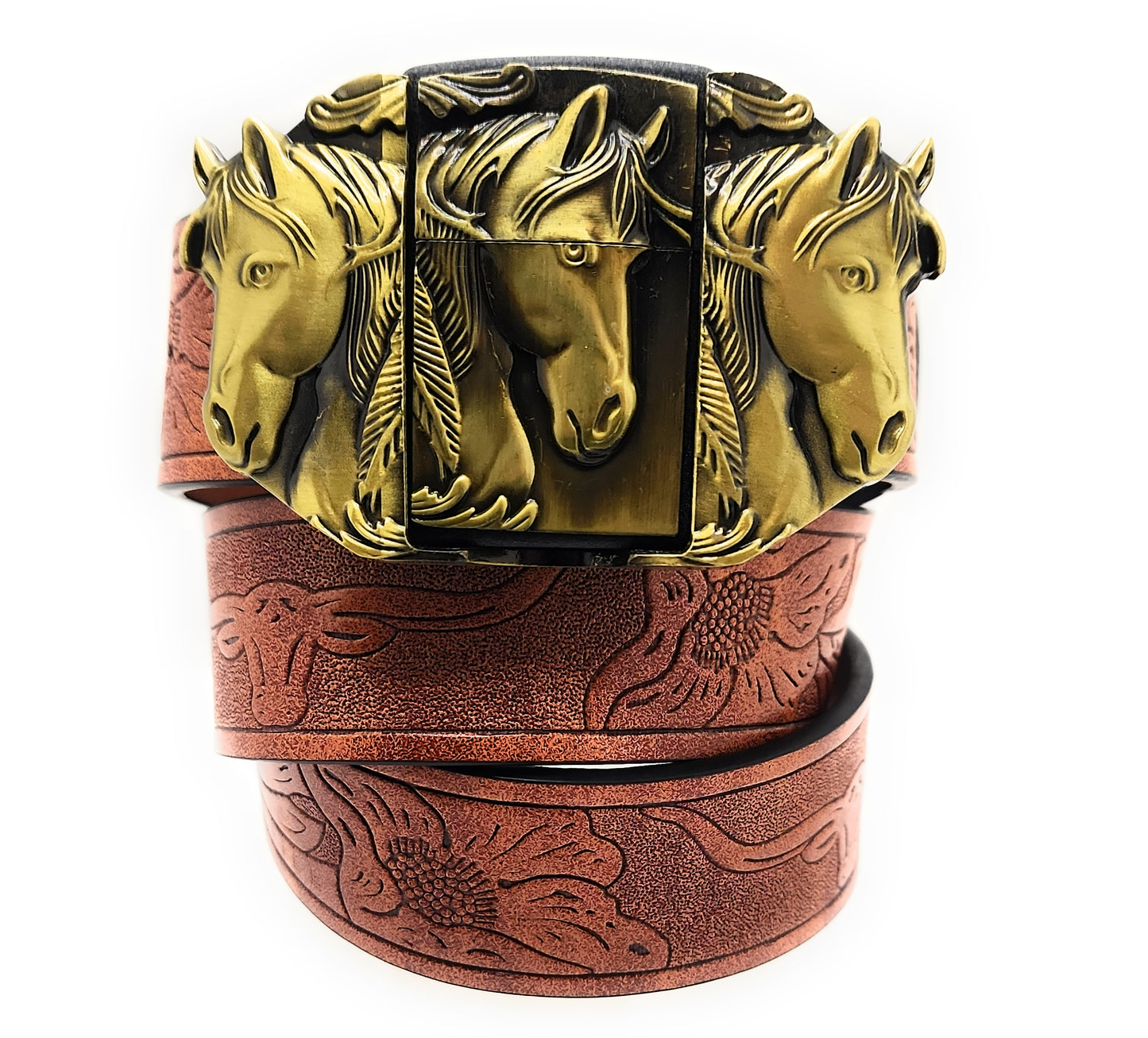 Gold Triple Horses Lighter Belt Buckle and Mahogany Embossed Belt - Refillable Metal Lighter, Western Longhorn & Floral Pattern, Trim-to-Fit up to 46 in, Chicago Screws, 1.5" Width