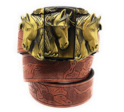 Gold Triple Horses Lighter Belt Buckle and Mahogany Embossed Belt - Refillable Metal Lighter, Western Longhorn & Floral Pattern, Trim-to-Fit up to 46 in, Chicago Screws, 1.5" Width