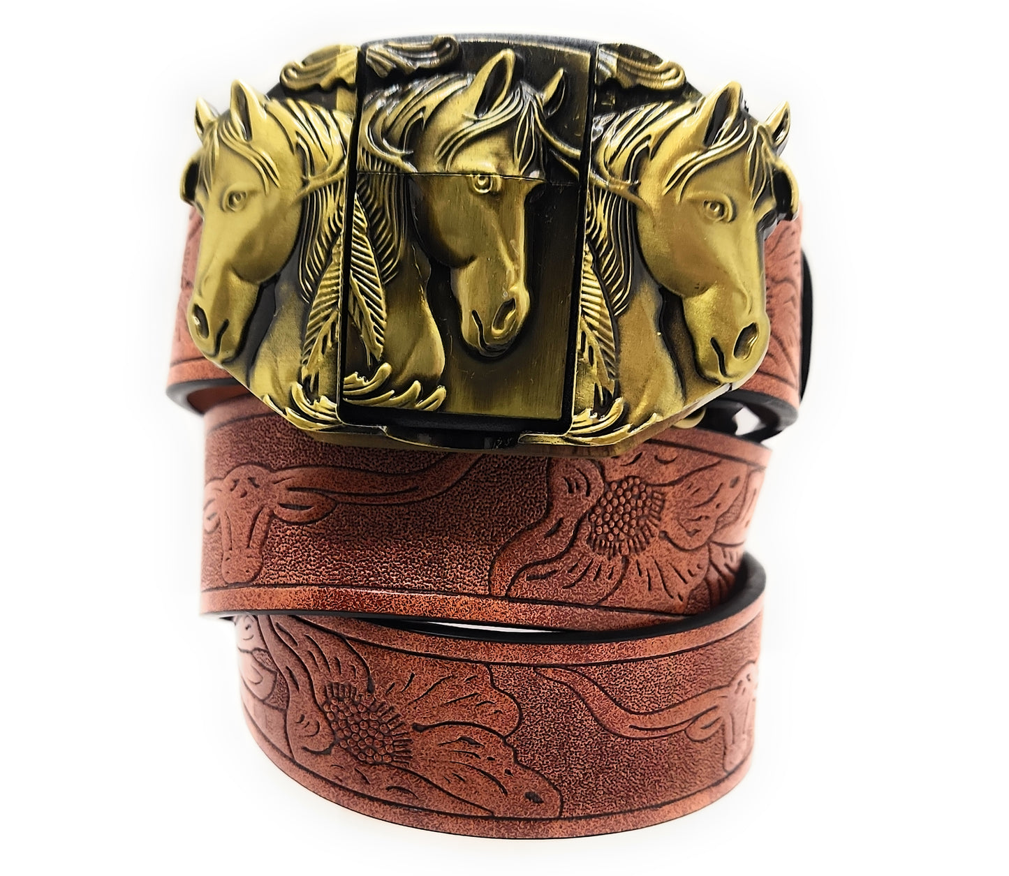 Gold Triple Horses Lighter Belt Buckle and Mahogany Embossed Belt - Refillable Metal Lighter, Western Longhorn & Floral Pattern, Trim-to-Fit up to 46 in, Chicago Screws, 1.5" Width