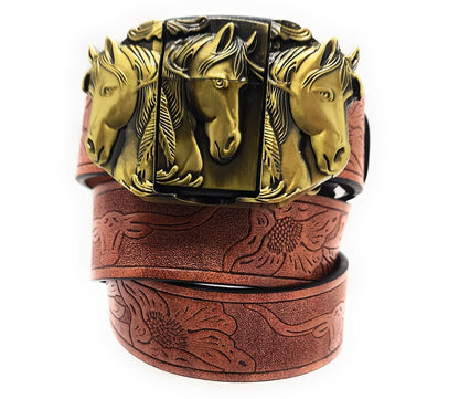 Gold Triple Horses Lighter Belt Buckle and Mahogany Embossed Belt - Refillable Metal Lighter, Western Longhorn & Floral Pattern, Trim-to-Fit up to 46 in, Chicago Screws, 1.5" Width