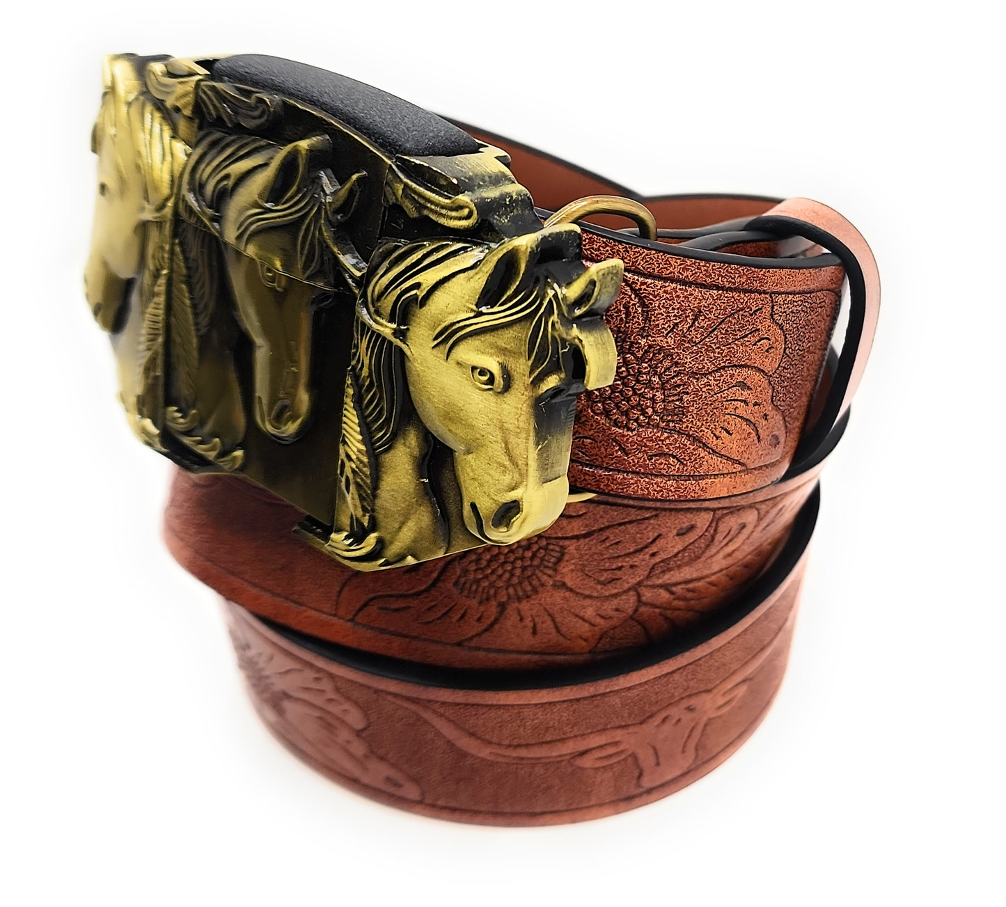 Gold Triple Horses Lighter Belt Buckle and Mahogany Embossed Belt - Refillable Metal Lighter, Western Longhorn & Floral Pattern, Trim-to-Fit up to 46 in, Chicago Screws, 1.5" Width