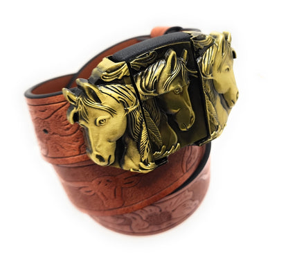 Gold Triple Horses Lighter Belt Buckle and Mahogany Embossed Belt - Refillable Metal Lighter, Western Longhorn & Floral Pattern, Trim-to-Fit up to 46 in, Chicago Screws, 1.5" Width