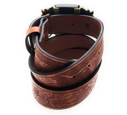 Gold Triple Horses Lighter Belt Buckle and Mahogany Embossed Belt - Refillable Metal Lighter, Western Longhorn & Floral Pattern, Trim-to-Fit up to 46 in, Chicago Screws, 1.5" Width