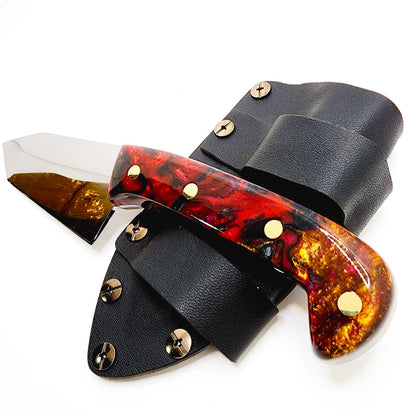Handmade Tanto Knife Red Black Gold Marbled Handle EDC Knife with Kydex Sheath Made In USA shop.AxeDr.com Handmade Knife, Handmade Knives