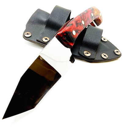 Handmade Tanto Knife Red Black Gold Marbled Handle EDC Knife with Kydex Sheath Made In USA shop.AxeDr.com Handmade Knife, Handmade Knives