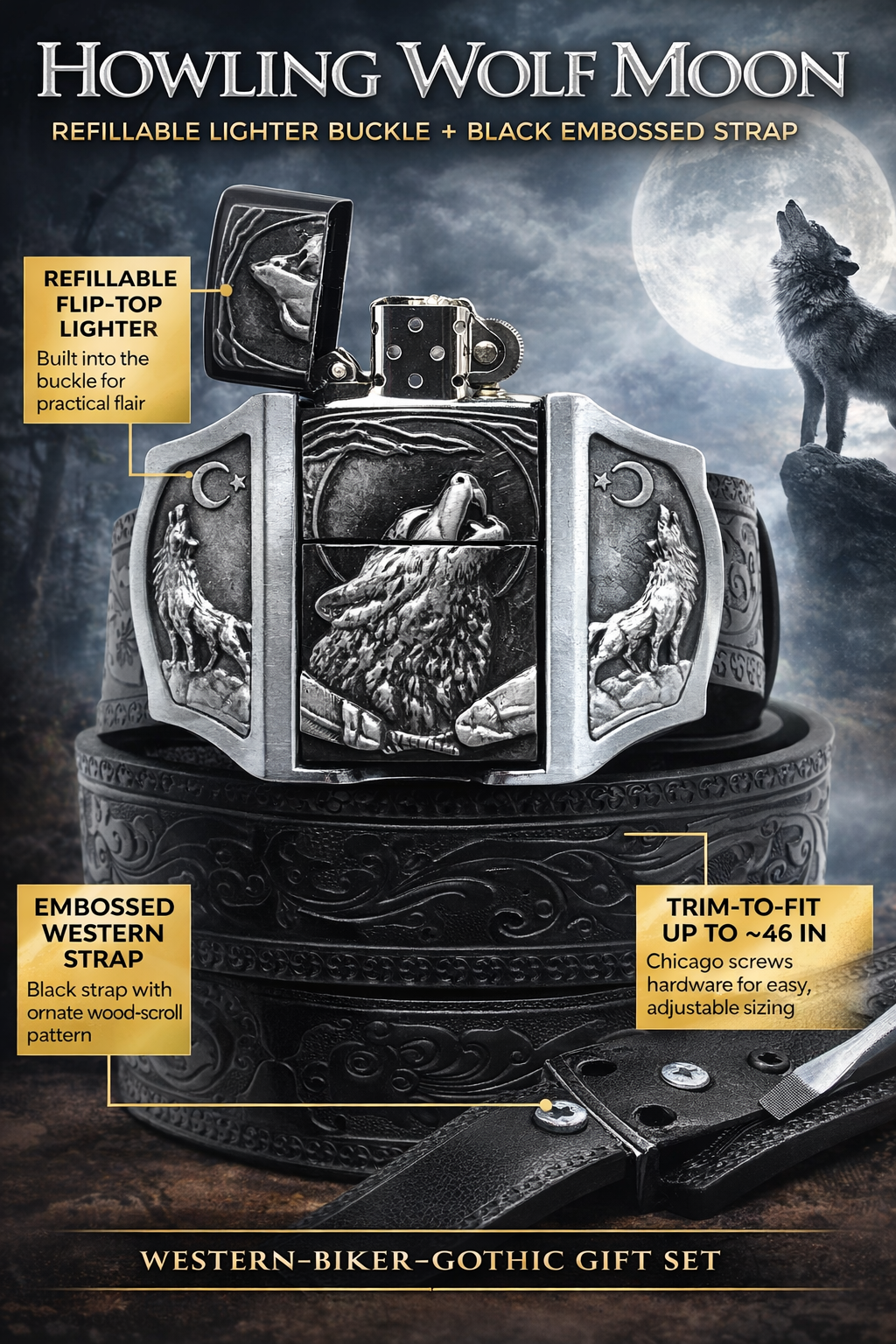 Howling Wolves Moon Lighter Buckle and Black Wood-Scroll Embossed Belt Refillable Flip-Top Metal Lighter AXEDR