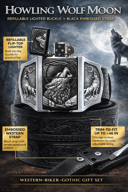Howling Wolves Moon Lighter Buckle and Black Wood-Scroll Embossed Belt Refillable Flip-Top Metal Lighter AXEDR