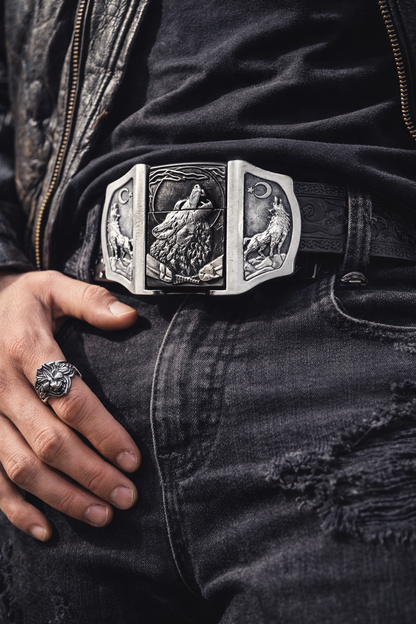 Howling Wolves Moon Lighter Buckle and Black Wood-Scroll Embossed Belt Refillable Flip-Top Metal Lighter AXEDR