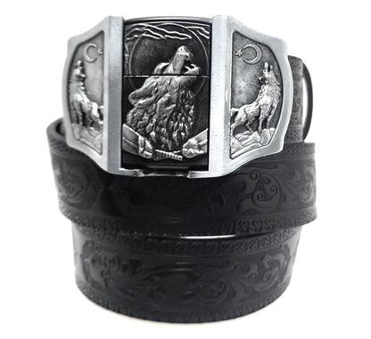 Howling Wolves Moon Lighter Buckle and Black Wood-Scroll Embossed Belt Refillable Flip-Top Metal Lighter AXEDR