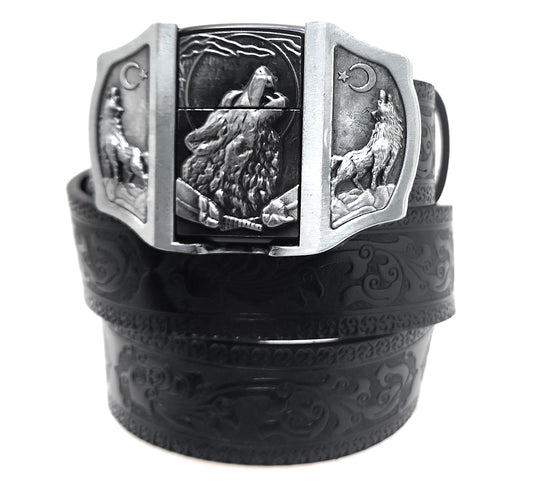 Howling Wolves Moon Lighter Buckle and Black Wood-Scroll Embossed Belt Refillable Flip-Top Metal Lighter AXEDR