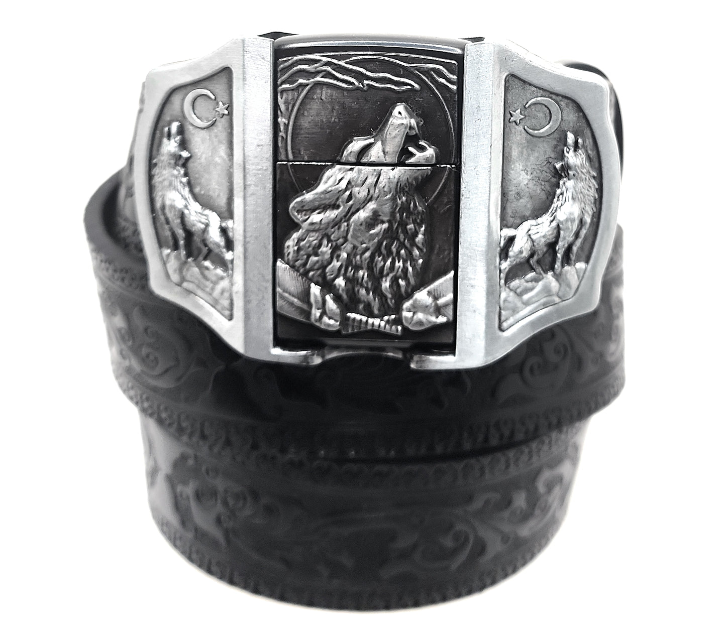 Howling Wolves Moon Lighter Buckle and Black Wood-Scroll Embossed Belt Refillable Flip-Top Metal Lighter AXEDR