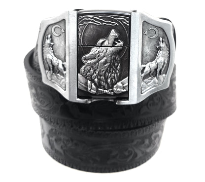 Howling Wolves Moon Lighter Buckle and Black Wood-Scroll Embossed Belt Refillable Flip-Top Metal Lighter AXEDR