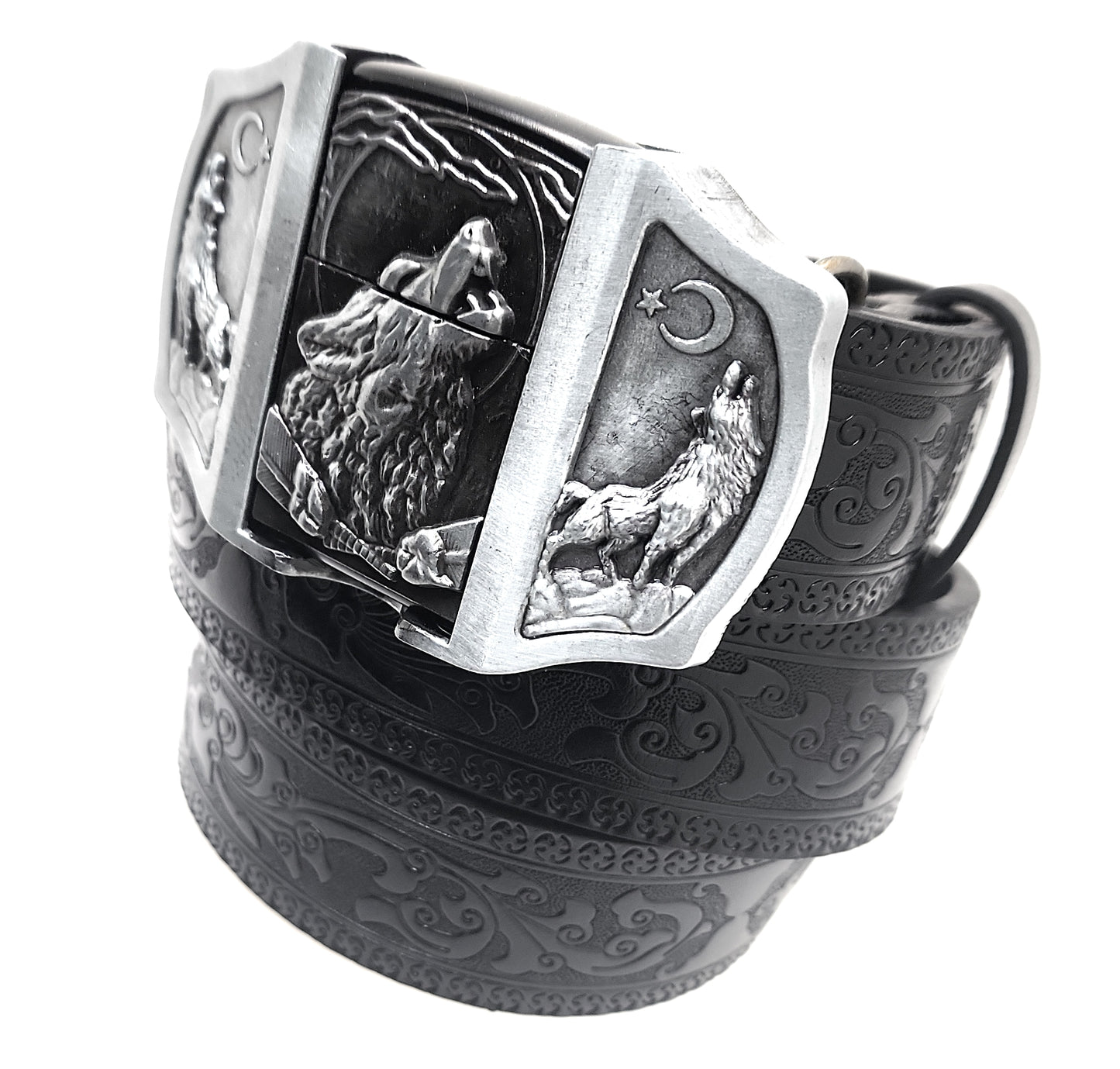 Howling Wolves Moon Lighter Buckle and Black Wood-Scroll Embossed Belt Refillable Flip-Top Metal Lighter AXEDR