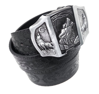 Howling Wolves Moon Lighter Buckle and Black Wood-Scroll Embossed Belt Refillable Flip-Top Metal Lighter AXEDR