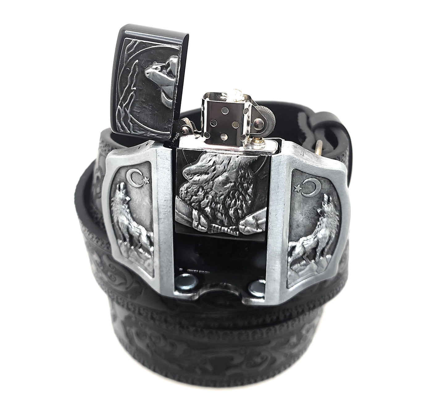Howling Wolves Moon Lighter Buckle and Black Wood-Scroll Embossed Belt Refillable Flip-Top Metal Lighter AXEDR