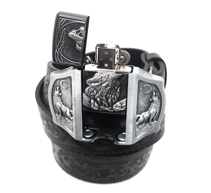Howling Wolves Moon Lighter Buckle and Black Wood-Scroll Embossed Belt Refillable Flip-Top Metal Lighter AXEDR