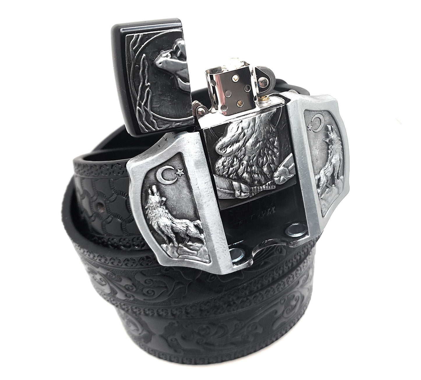 Howling Wolves Moon Lighter Buckle and Black Wood-Scroll Embossed Belt Refillable Flip-Top Metal Lighter AXEDR