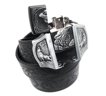 Howling Wolves Moon Lighter Buckle and Black Wood-Scroll Embossed Belt Refillable Flip-Top Metal Lighter AXEDR