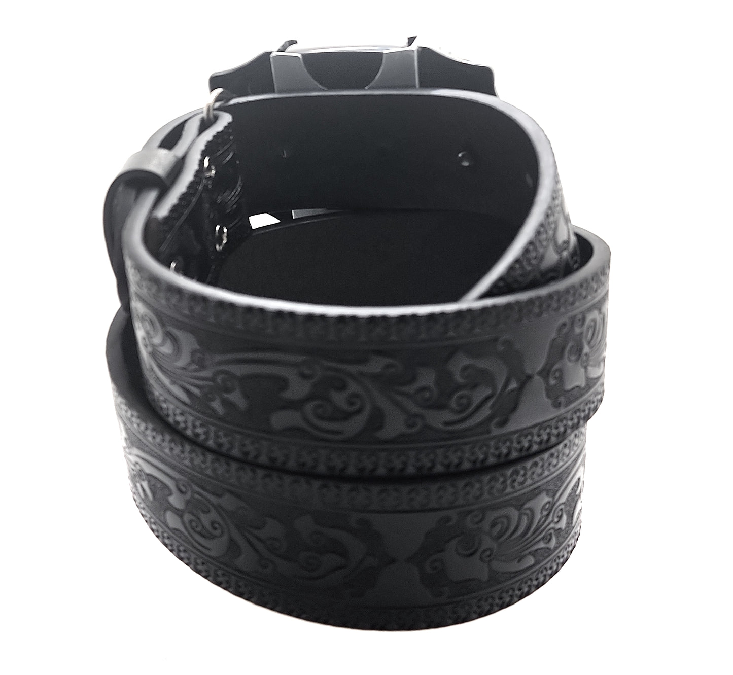 Howling Wolves Moon Lighter Buckle and Black Wood-Scroll Embossed Belt Refillable Flip-Top Metal Lighter AXEDR