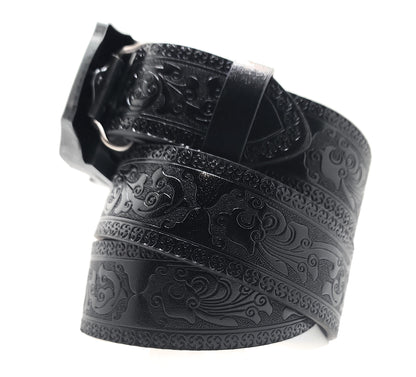 Howling Wolves Moon Lighter Buckle and Black Wood-Scroll Embossed Belt Refillable Flip-Top Metal Lighter AXEDR