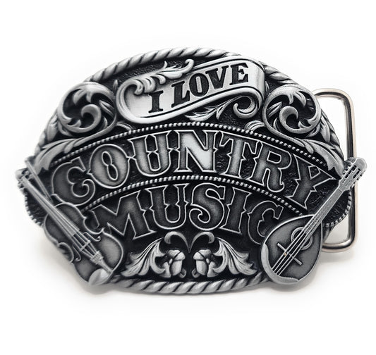 I Love Country Music Ornately Embossed Belt Buckle Western Nashville Rodeo Gift for Fans, Line Dancing and Concerts