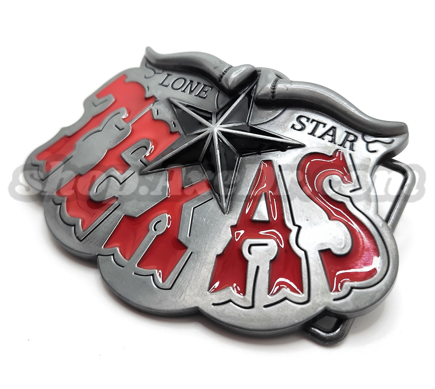 Red Texas Lone Star Belt Buckle with Horns and Star