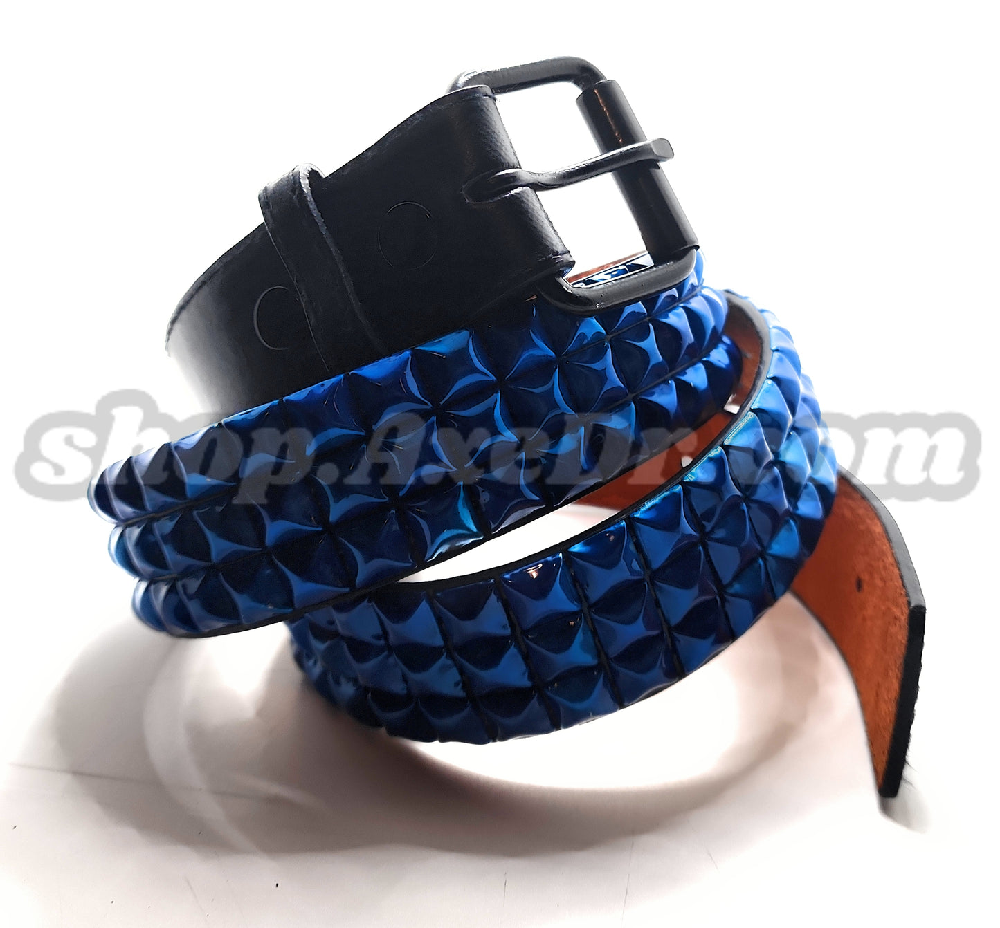 Handmade Pearl Blue Pyramid Studded Stitched Leather Belt Punk