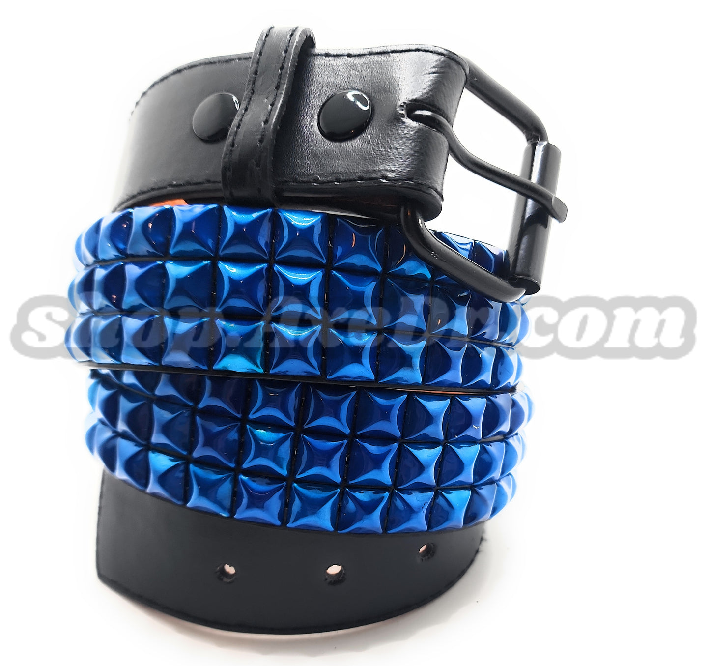 Handmade Pearl Blue Pyramid Studded Stitched Leather Belt Punk