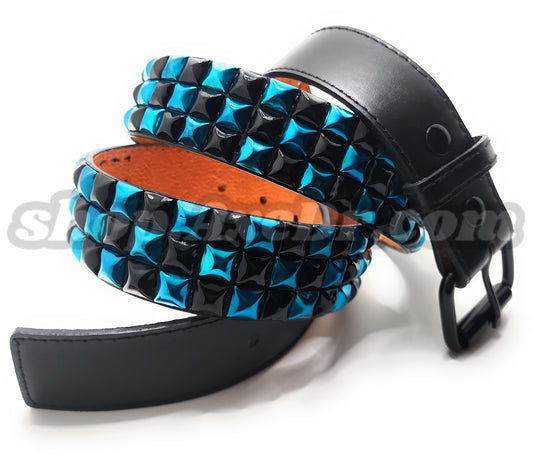 Handmade Sky Blue and Black Checker Pyramid Studded Stitched Leather Belt Punk