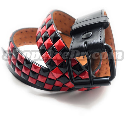 Handmade Red and Black Checker Pyramid Studded Stitched Leather Belt Punk