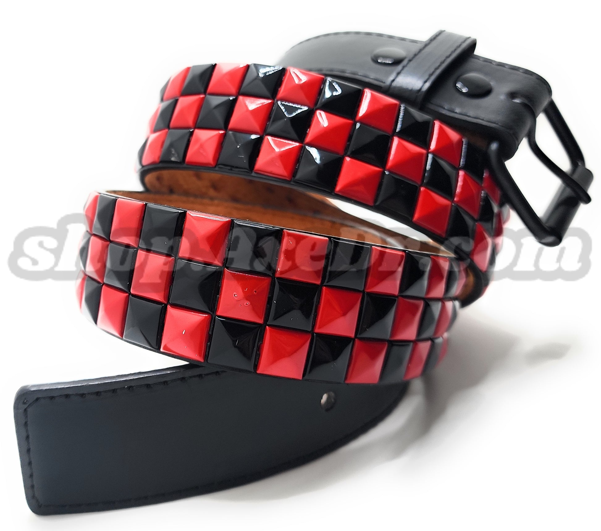 Handmade Red and Black Checker Pyramid Studded Stitched Leather Belt Punk