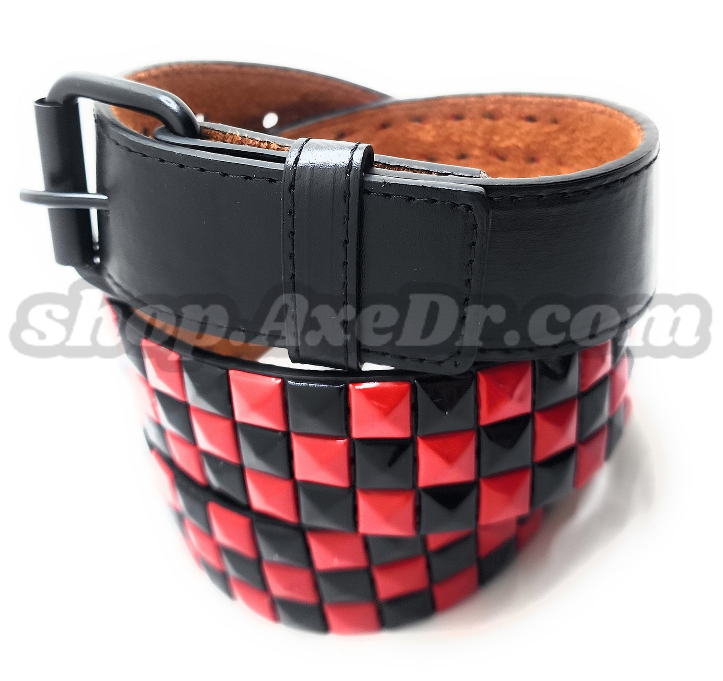 Handmade Red and Black Checker Pyramid Studded Stitched Leather Belt Punk