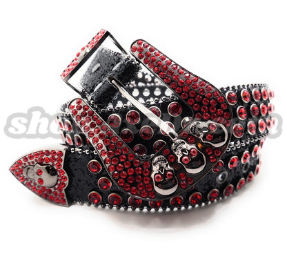 Deep Red and Chrome Rhinestones on Black Sparkle Studded Skulls Belt