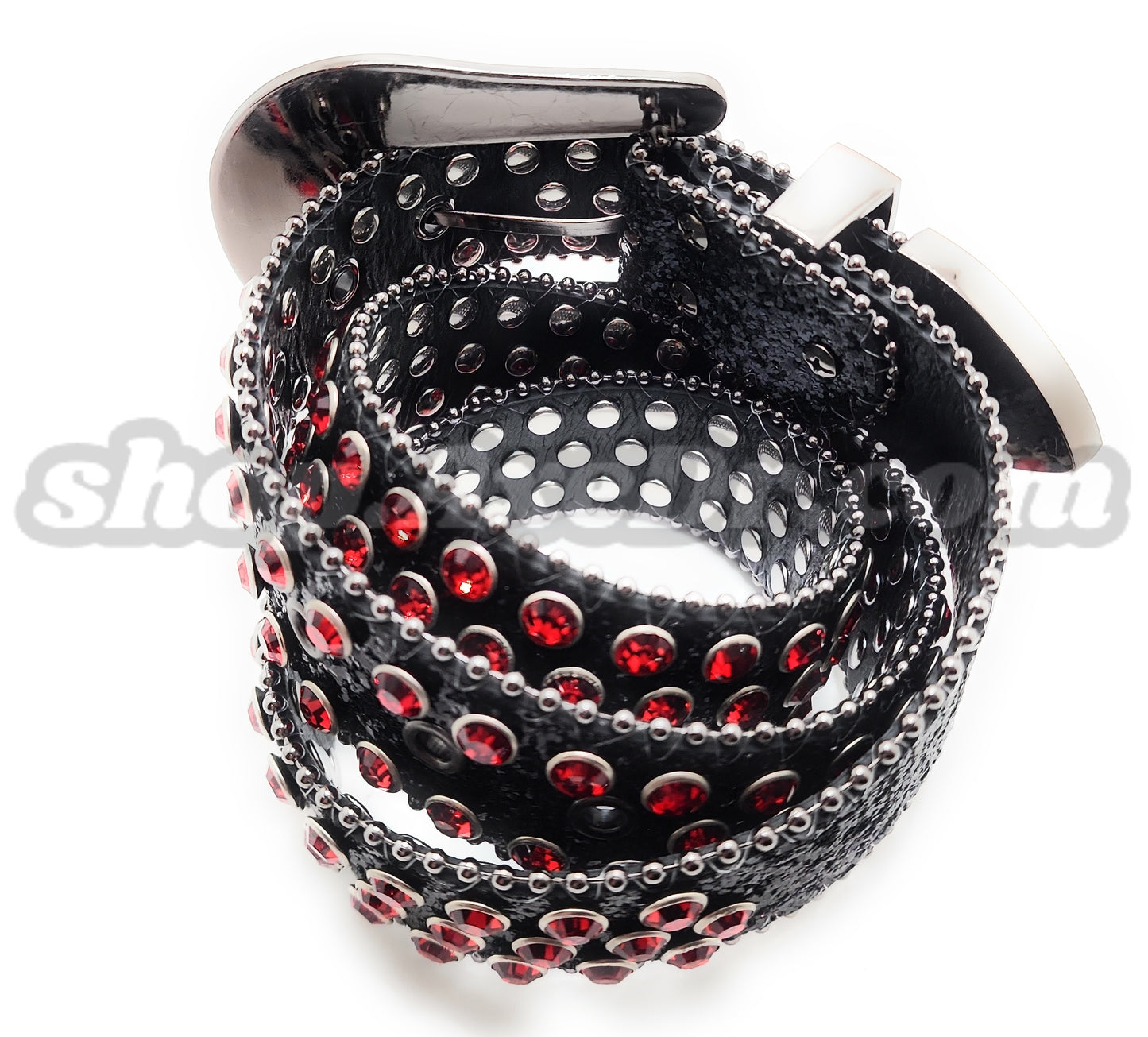 Deep Red and Chrome Rhinestones on Black Sparkle Studded Skulls Belt