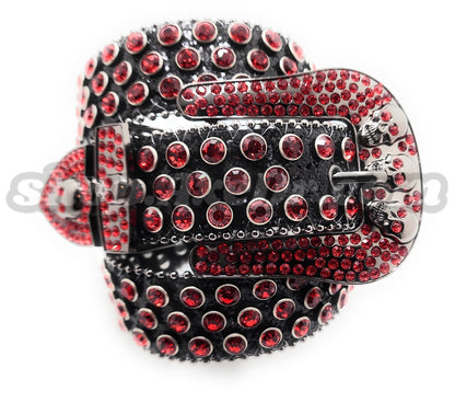 Deep Red and Chrome Rhinestones on Black Sparkle Studded Skulls Belt