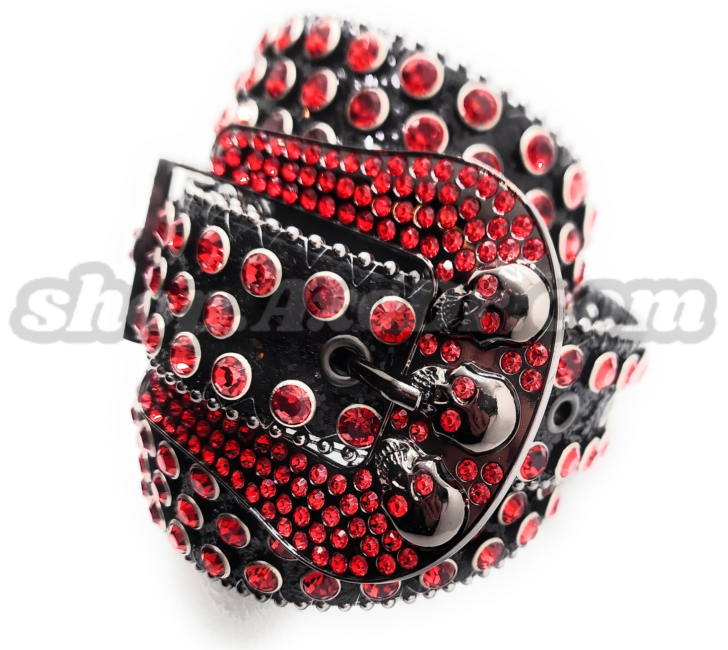 Deep Red and Chrome Rhinestones on Black Sparkle Studded Skulls Belt