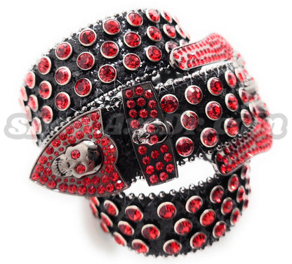 Deep Red and Chrome Rhinestones on Black Sparkle Studded Skulls Belt